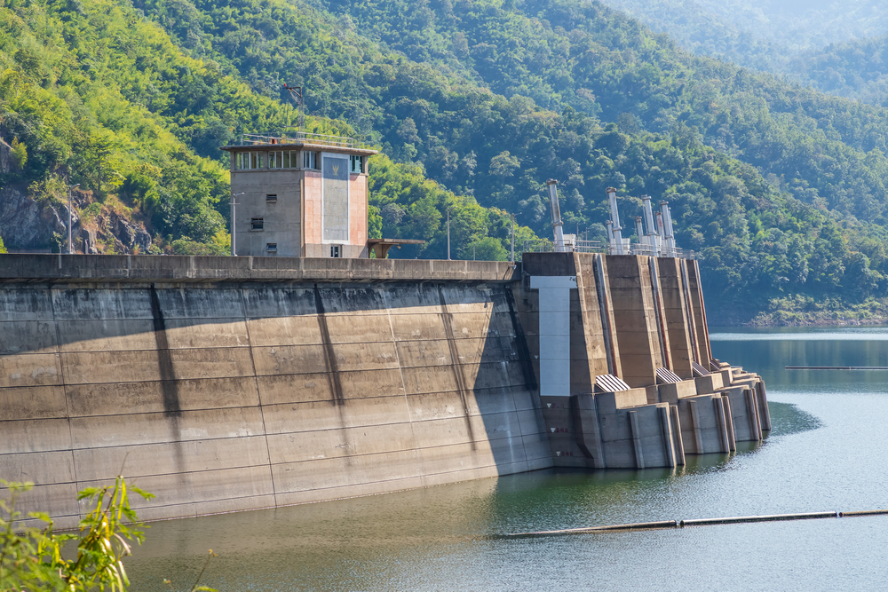 Tak, Thailand - December 24, 2018: Bhumibol Dam with hydroelectric power plant and reservoir lake on Ping River
