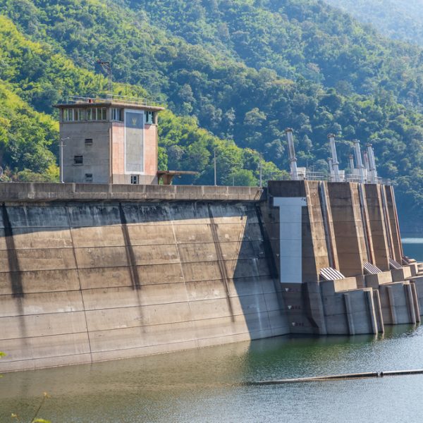 Tak, Thailand - December 24, 2018: Bhumibol Dam with hydroelectric power plant and reservoir lake on Ping River
